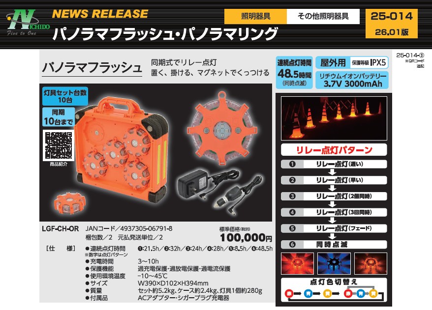日動工業（株）　３ＷＡＹで8台連動可能な電波式LED警告灯　パノラマリング