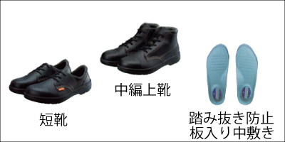 安全靴短靴、安全靴中編上靴、踏み抜き防止板入り中敷き
