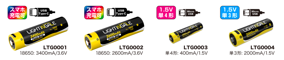 ライティンゲイルUSBポート搭載リチウムイオン充電池ラインナップ