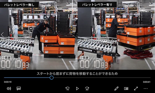 花岡車輛　パレットレベラー　使用例動画（パレットからコンベアへの荷物移動作業）